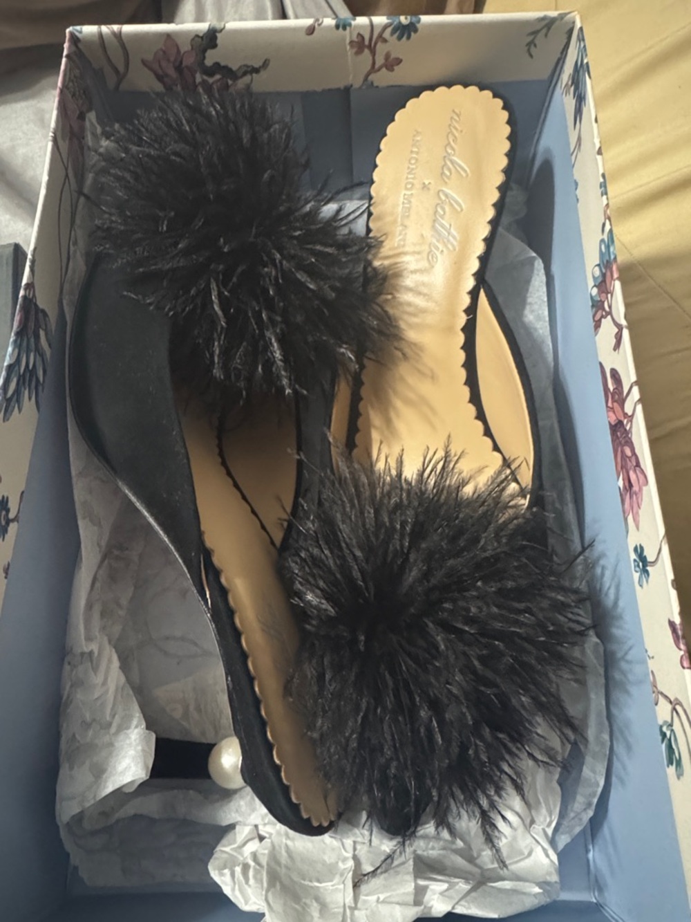 ANTONIO MELANI Black Pom-Pom Slide Mules